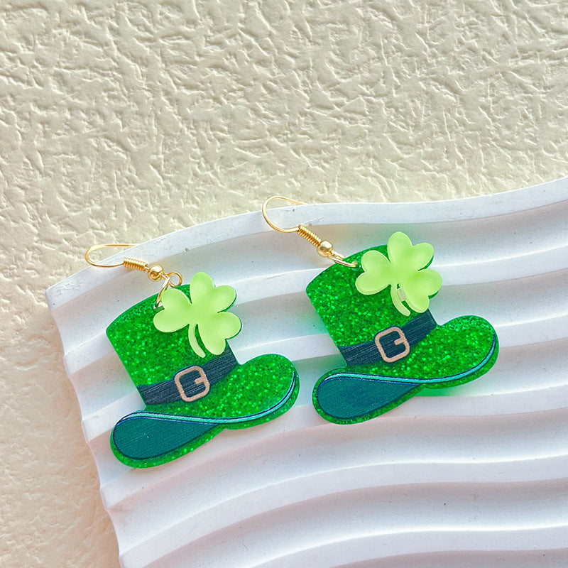 Wholesale St. Patrick's Day Irish Carnival Green Acrylic Glitter Clover Earrings