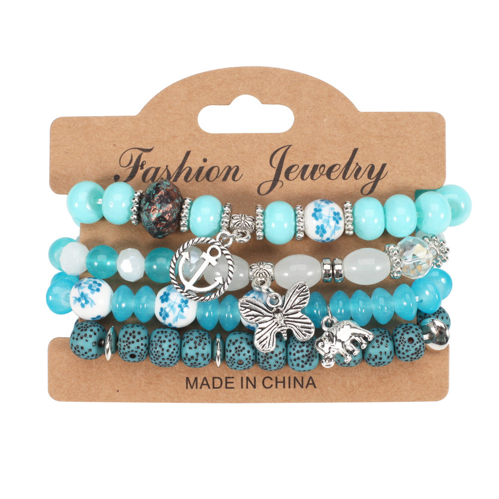 Wholesale Bohemian Butterfly Anchor Elephant Pendant Multi-layer Bracelet