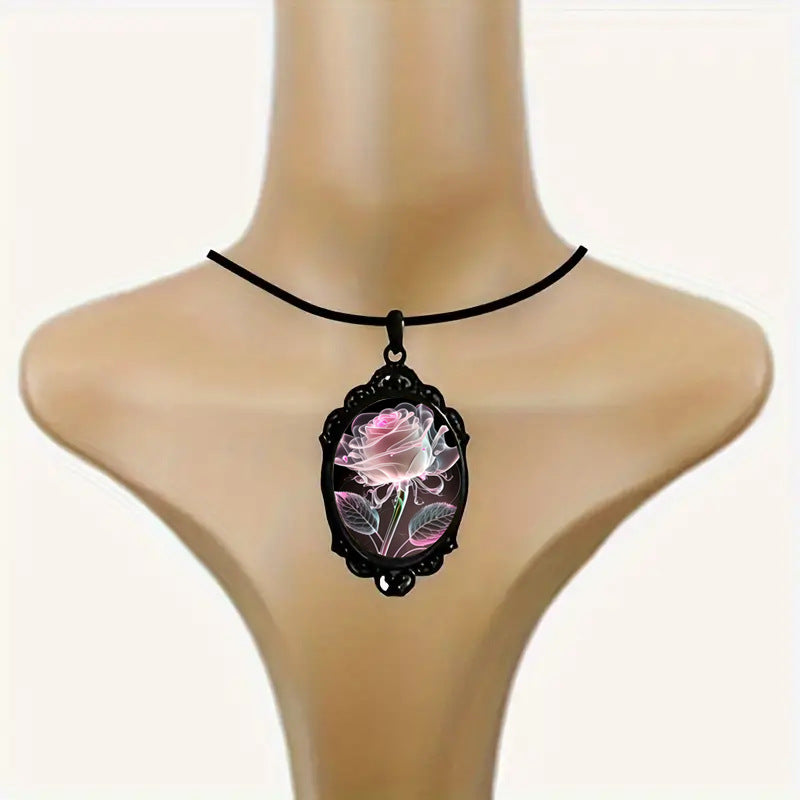 Wholesale Pink transparent rose patterned glass pendant necklace