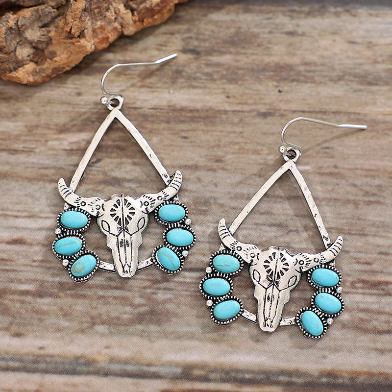Wholesale Western Style Cow Head Turquoise Alloy Earrings