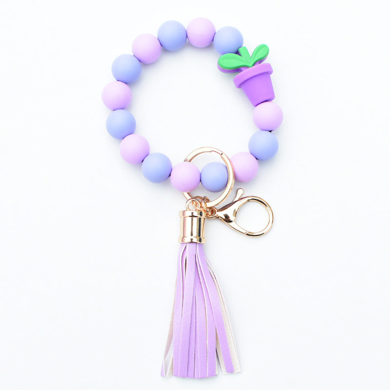Wholesale Potted Silicone Beaded Leather Tassel Wrist Keychain