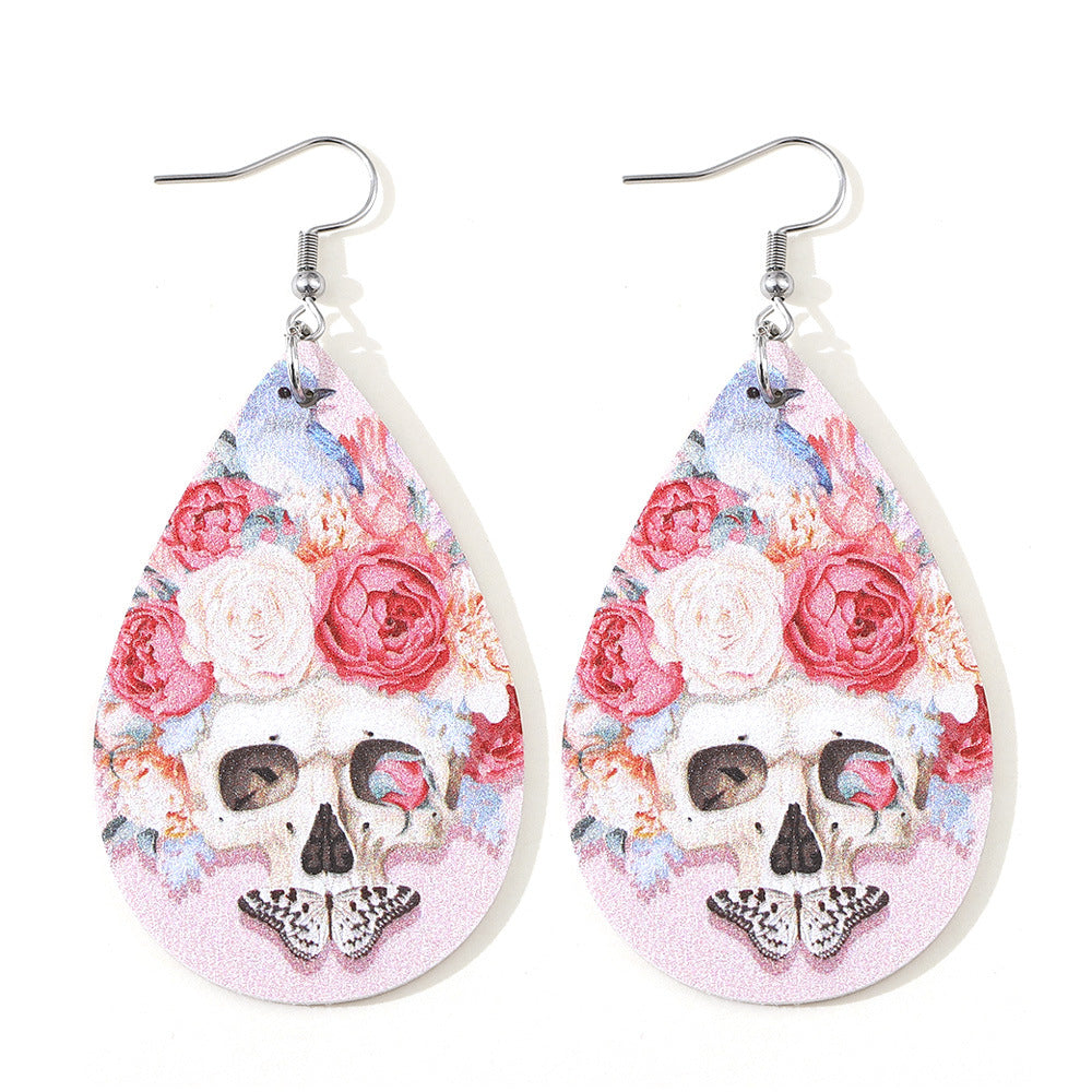 Wholesale Pink Rose Flower Butterfly Skull Earrings Double Sided PU Leather Water Drop Earrings