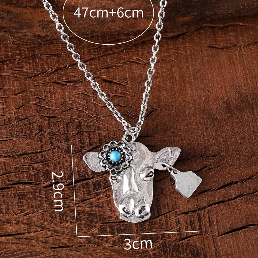 Wholesale Bohemian style turquoise bull head necklace