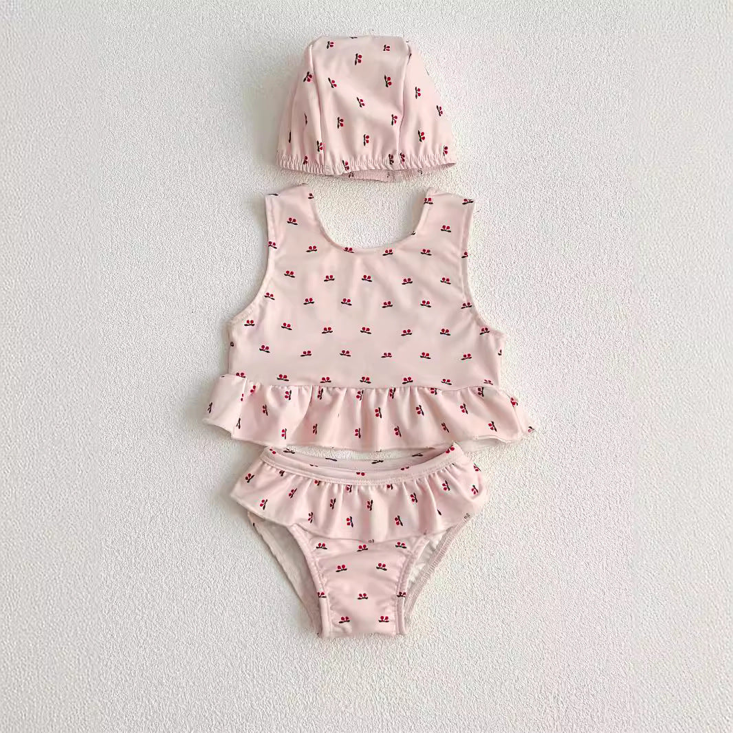 Wholesale Girls swimsuit cute cherry print swimsuit split three piece set