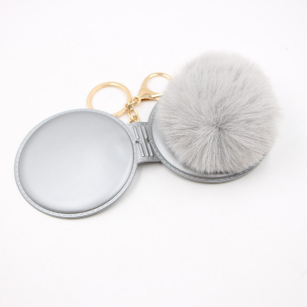 Wholesale Creative Light Gray Leather Pom Pom Mirror Keychain Bag Charm Car Key Accessory For Women Party Gift