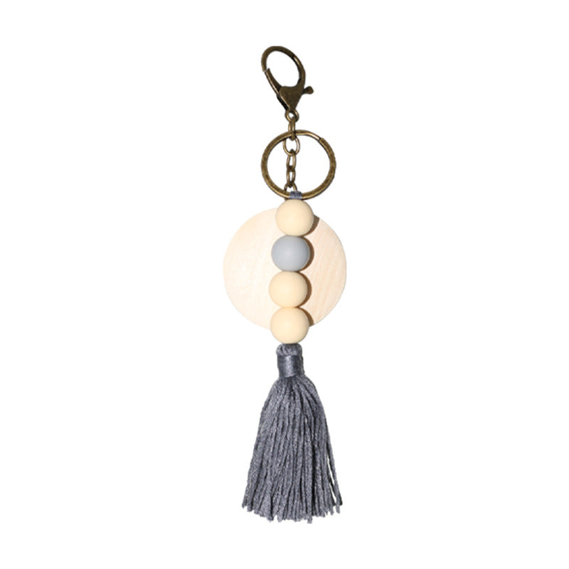 Wholesale Round Wood Chips Strung Tassel Keychain