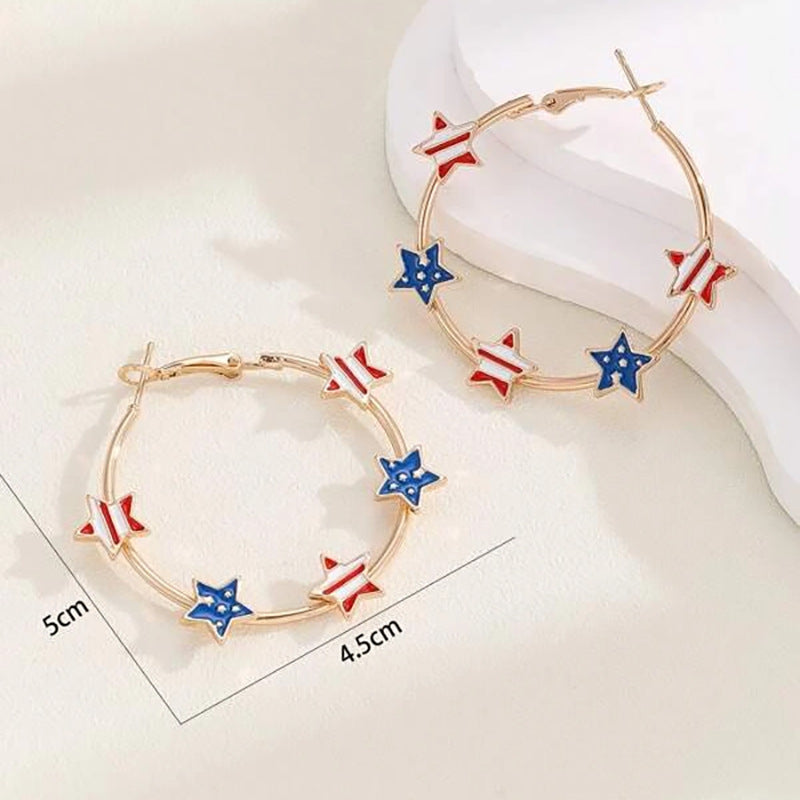Wholesale Independence Day Five pointed Star National Flag Drip Oil Hoop Earrings
