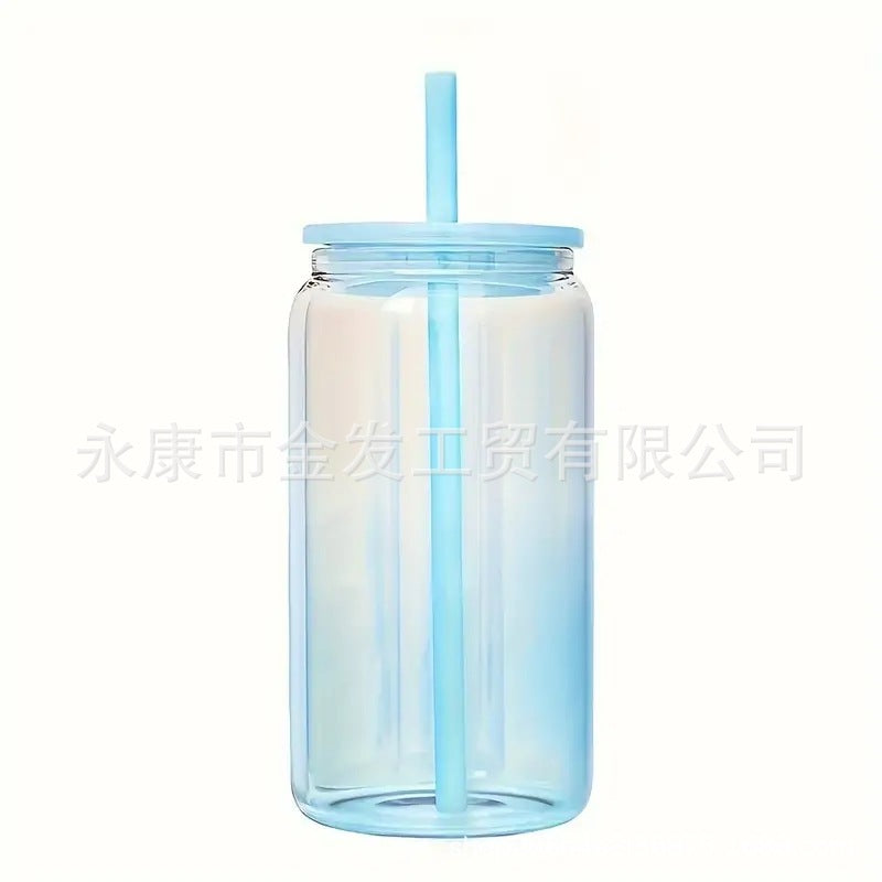 Wholesale 16oz Sublimation High Borosilicate Jelly Color Gradient Mason Glass Cup Portable Color PP Cover Glass Slipper Cup