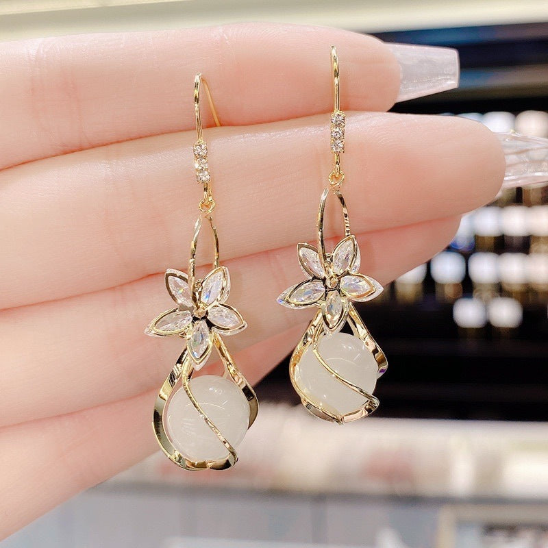 Wholesale Zircon Five Petal Flower Cat Eye Stone Personalized Fashion Temperament Earrings