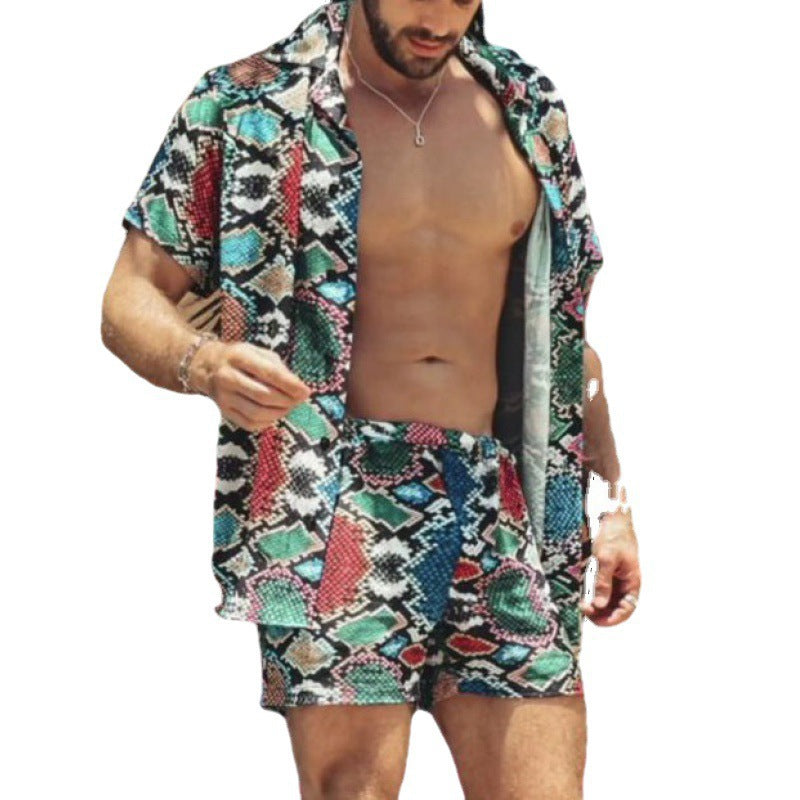 Wholesale Men's Hawaiian Beach Print Short Sleeve Shirt Set