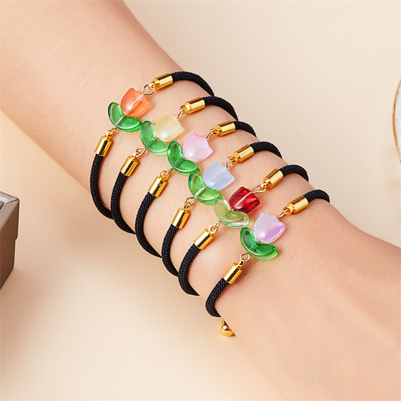 Wholesale Tulip bracelet black and red rope a pair of pull-out flower adjustable flower bracelet