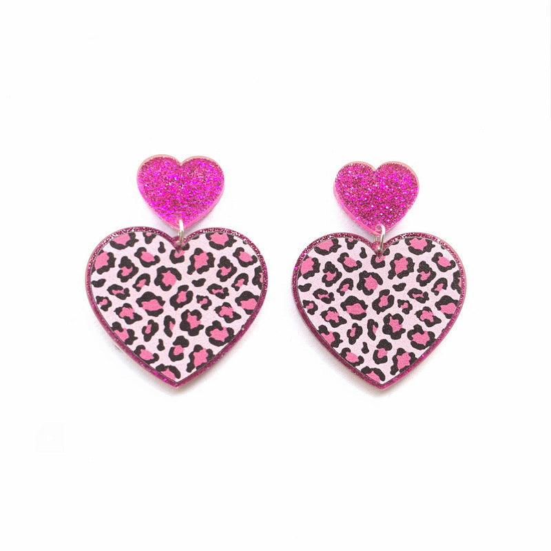 Wholesale Valentine' s Day Pink Leopard Shining Pink Love Boots Rainbow Earrings