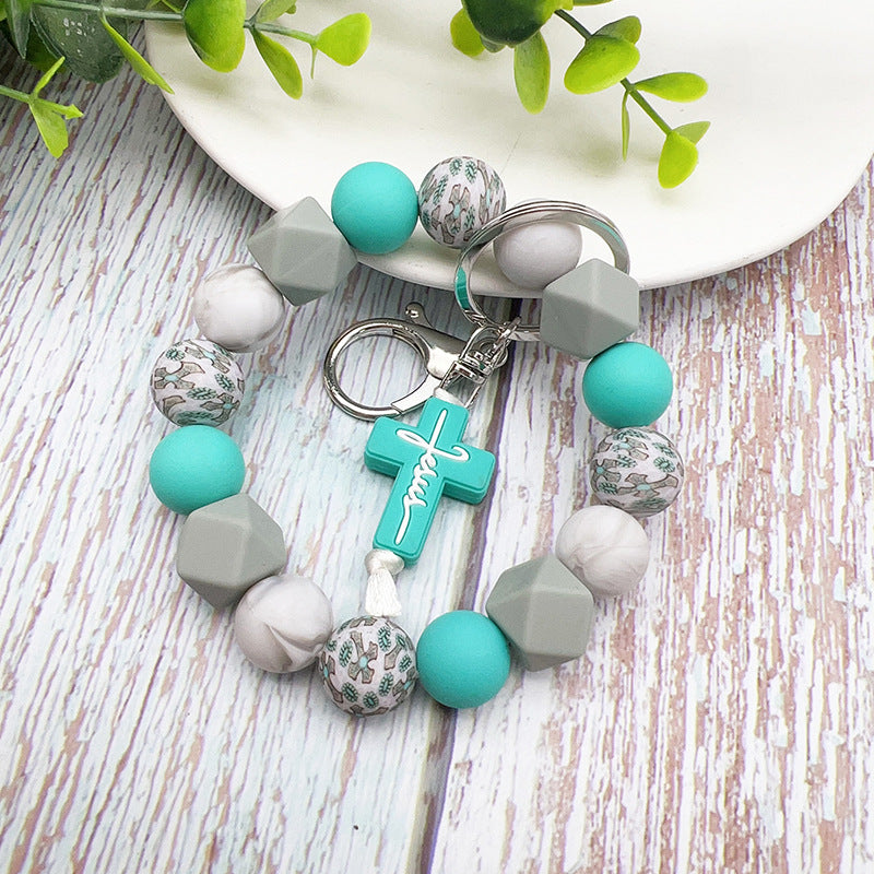 Wholesale Cross Silicone Beaded Keychain Cross Charm Bracelet Keyring Bag