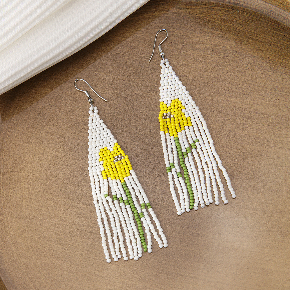 Wholesale Boho Flower Rice Beads Tassel Hand Braided Earrings