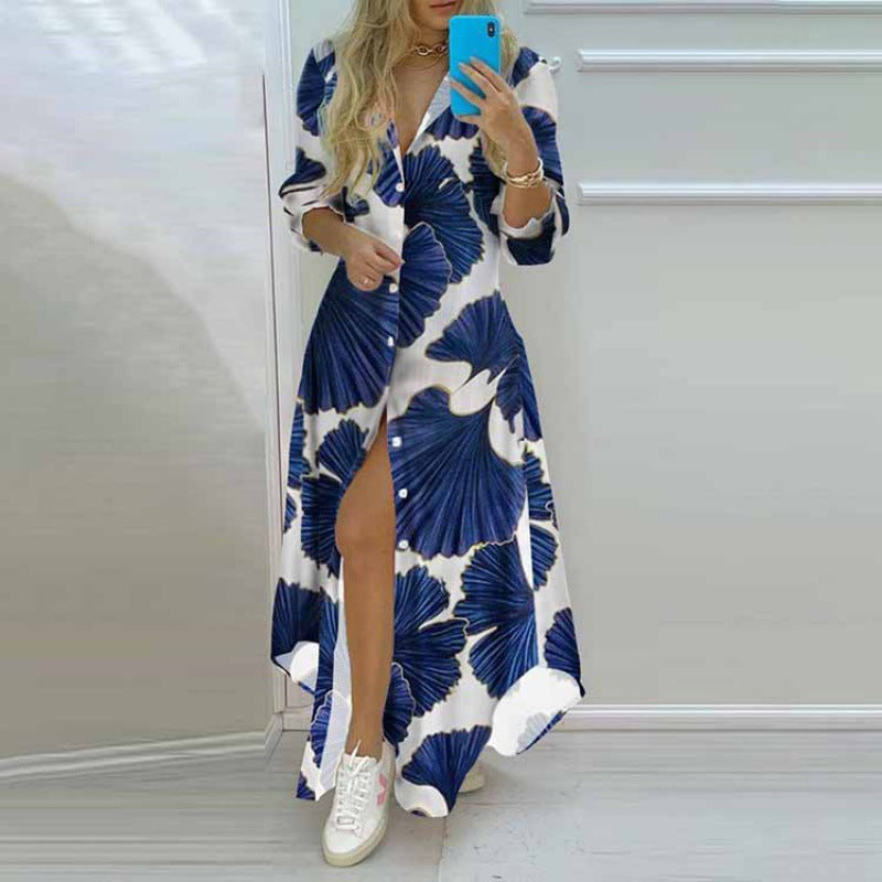 Wholesale Printed Single Breasted Slit Shirt Long Dress