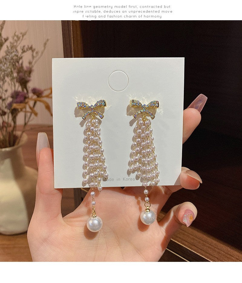 Wholesale Temperament Long Pearl Tassel Women's Fashion Versatile Light Luxury Niche Design Bow Stud Earrings