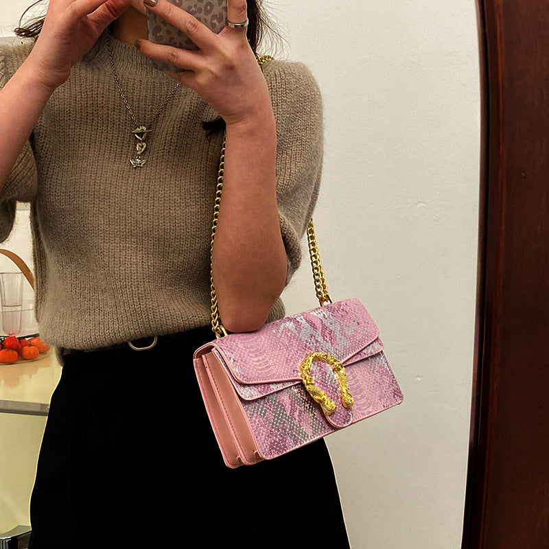 Wholesale Glittered Snakeskin Gold Chain Cross-body Bag with Double Compartment Flap