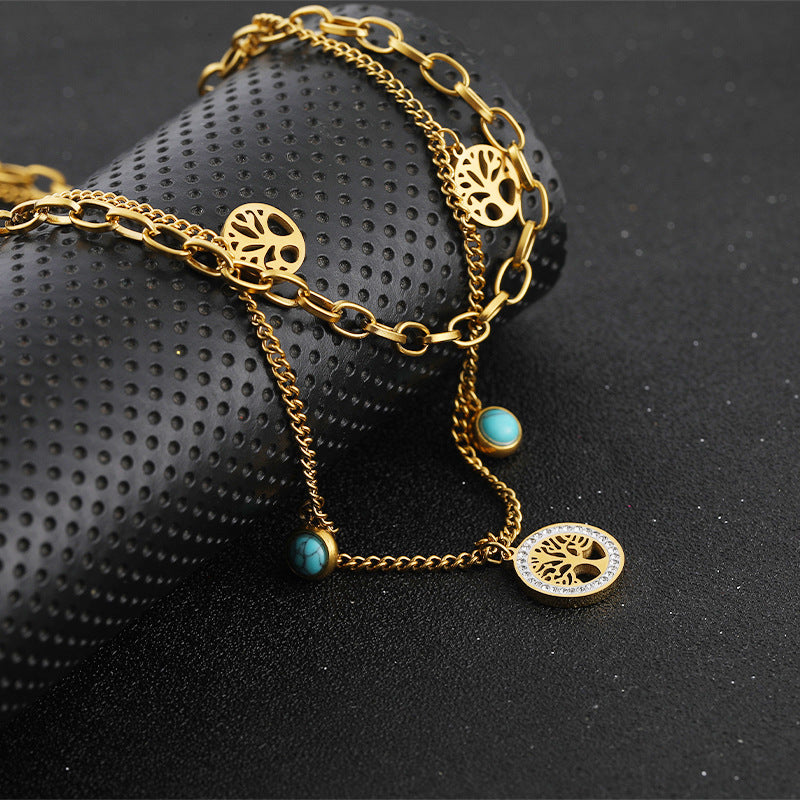 Collares de acero de titanio de oro de doble capa de árbol de vida al por mayor