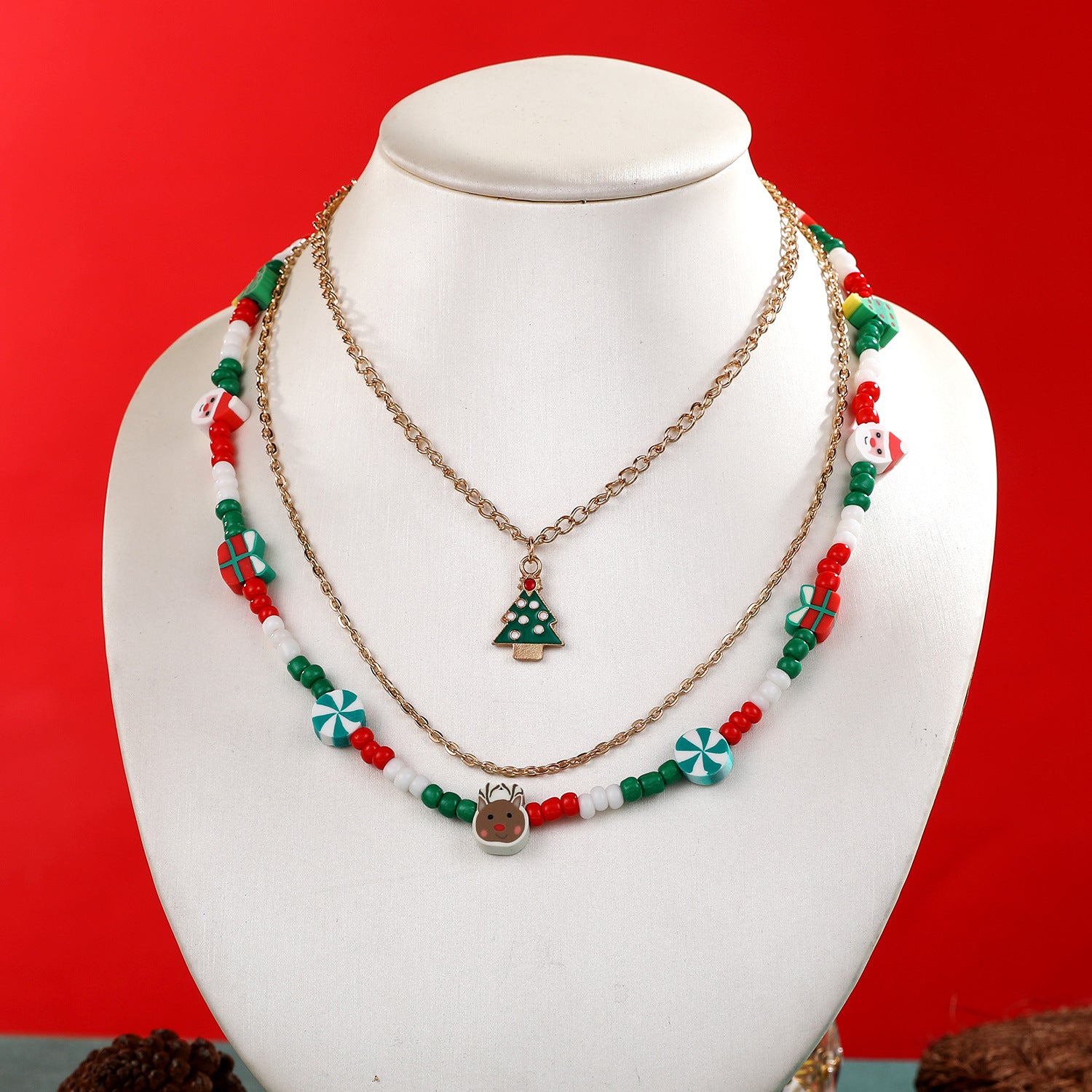 Wholesale Christmas Reindeer Soft y Beaded Choker Necklace Multi Layer Bell Pendant Fashion Layering Jewelry Gift