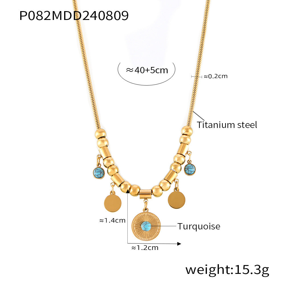 Wholesale Blue turquoise medal necklace titanium steel gold-plated bracelet