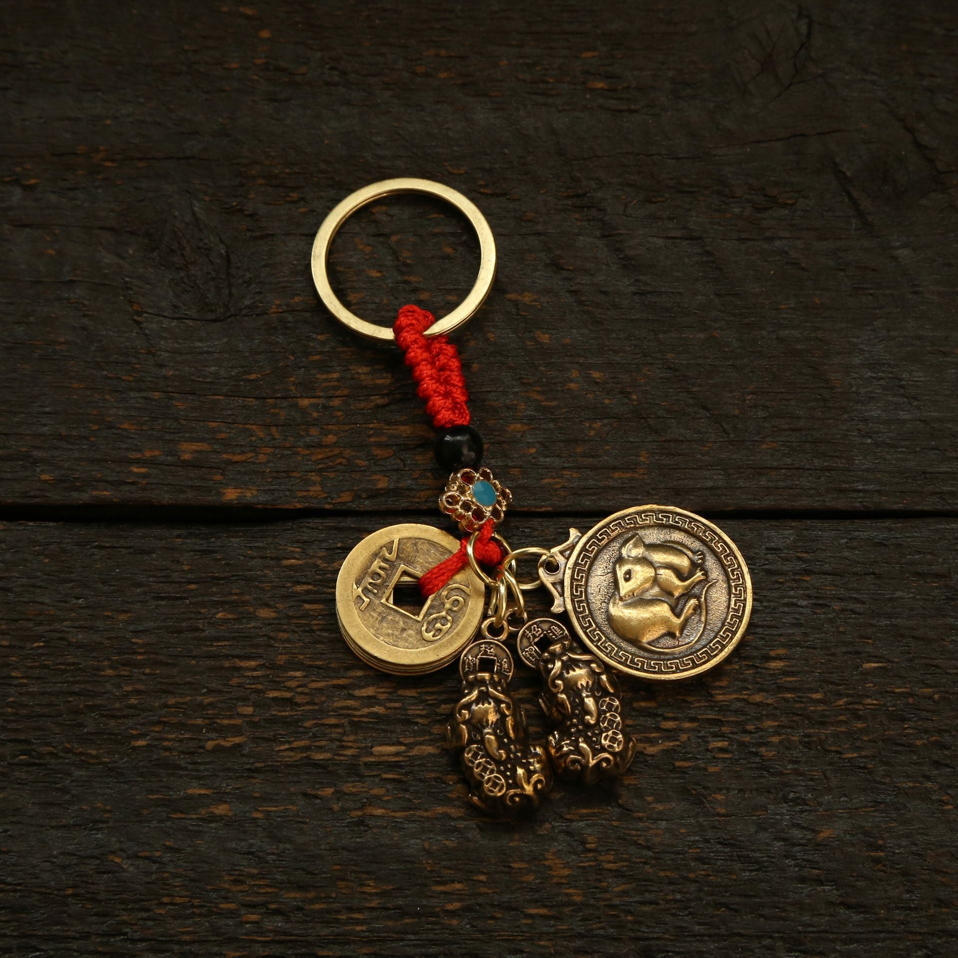 Wholesale Brass Zodiac Fu Brand Double Pixiu Red Rope Key Set