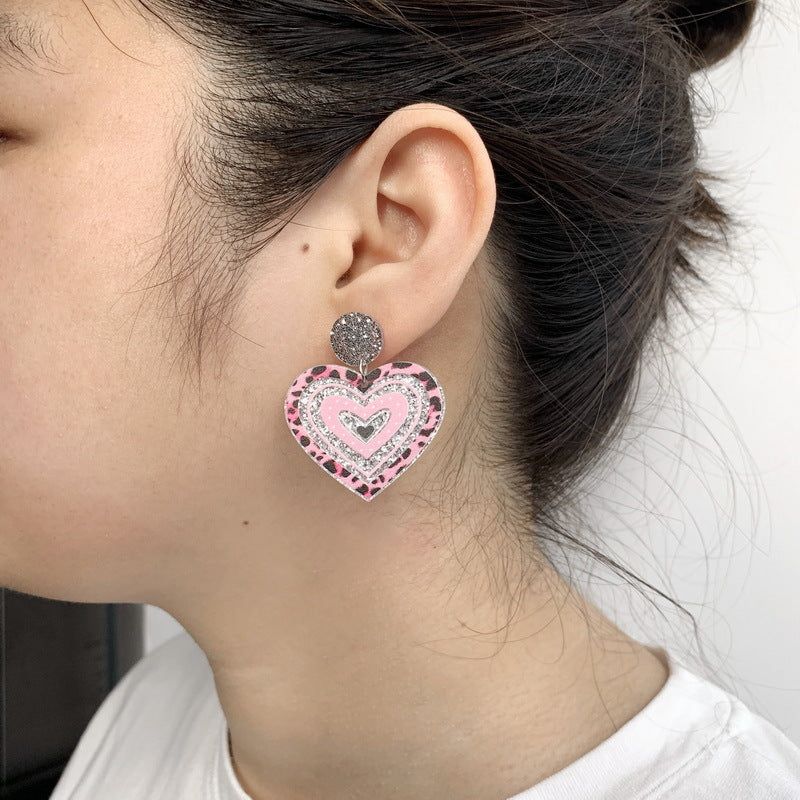 Wholesale Valentine' s Day Pink Leopard Shining Pink Love Boots Rainbow Earrings