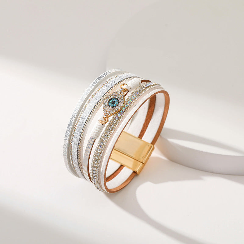 Wholesale Devil's Eye Diamond Design Multi-Layer Pu Leather Ethnic Style Bracelet