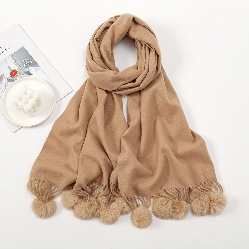 Wholesale Autumn and Winter Imitation Cashmere Scarves, Solid Color Tassel Wool Ball and Plush Necklaces