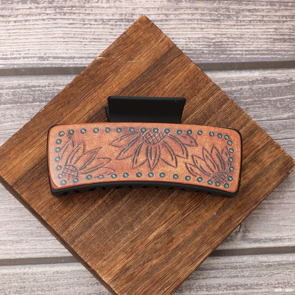 Wholesale leather hair clip with sunflower pattern claw clip shark clip