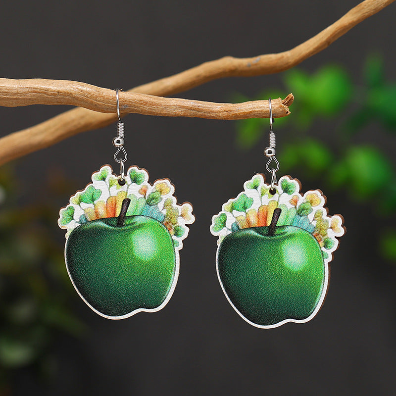 Wholesale Patrick's Day Four Leaf Clover Apple Water Drop Hollow Heart Wooden Earrings