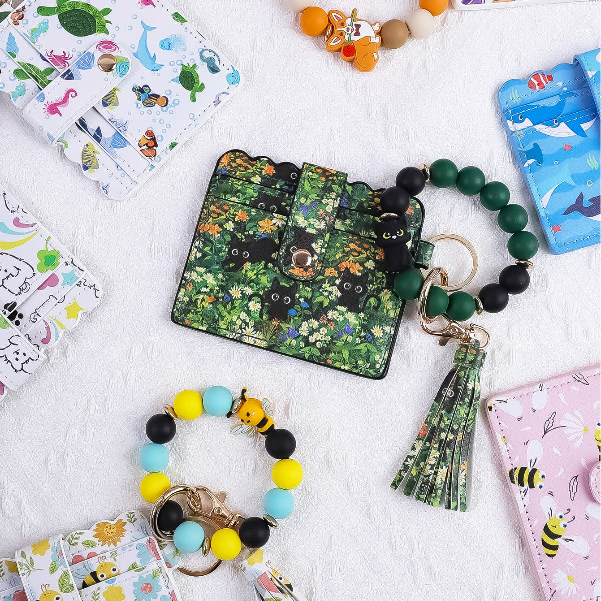 Wholesale Silicone Bead Bracelet Card Holder Keychain PU Tassel Beaded Animal Print