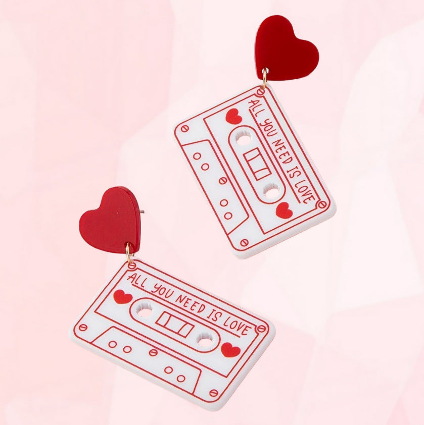 Wholesale Valentine' s Day Heart-Shaped Acrylic Cassette Tape Earrings