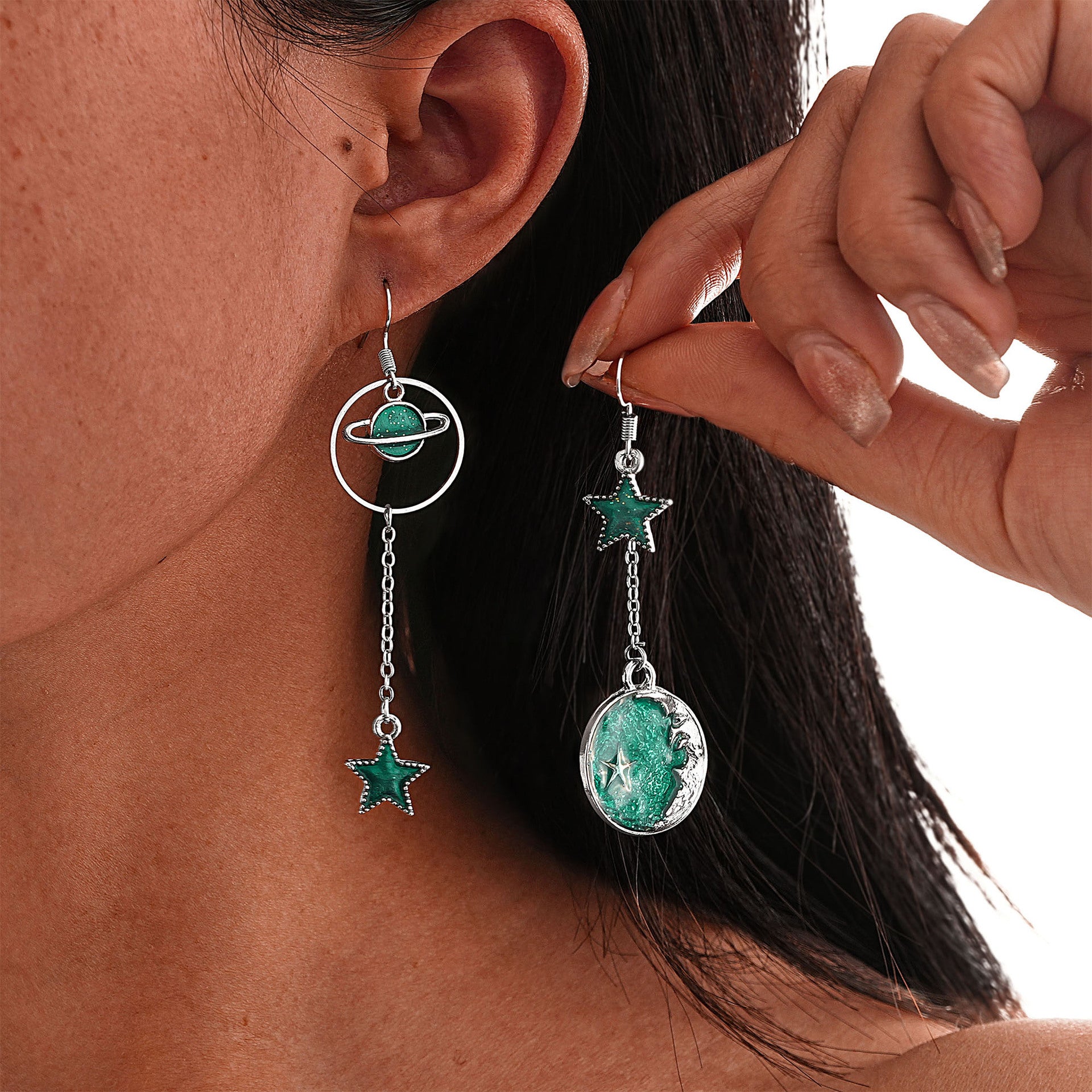 Wholesale Oil-Dripping Star Moon Planet Asymmetric Earrings Set