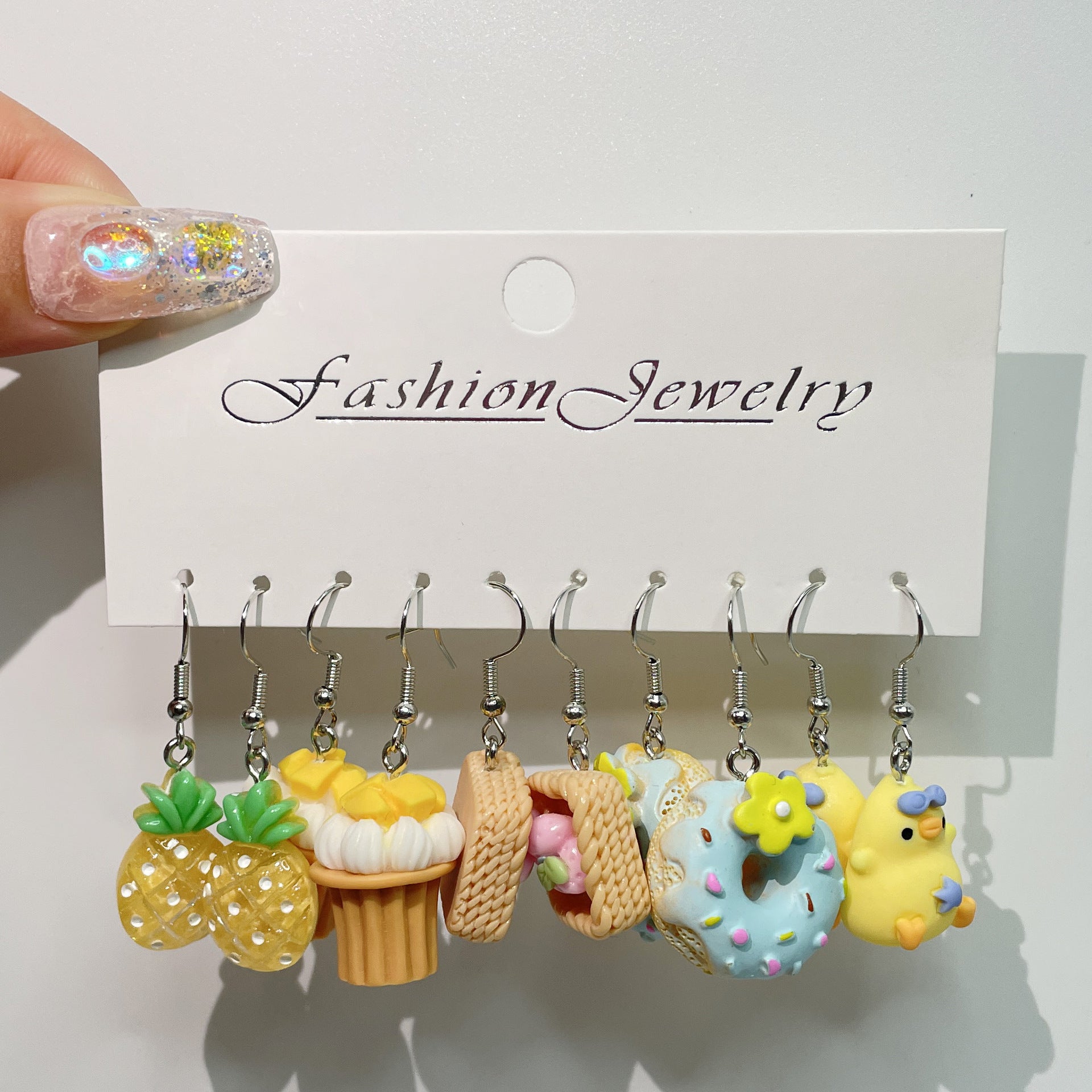 Wholesale 5pcs/pack Funny Food Play Donut Fries Artificial Fruit Orange Pineapple Cute Pie Creative Earrings Set