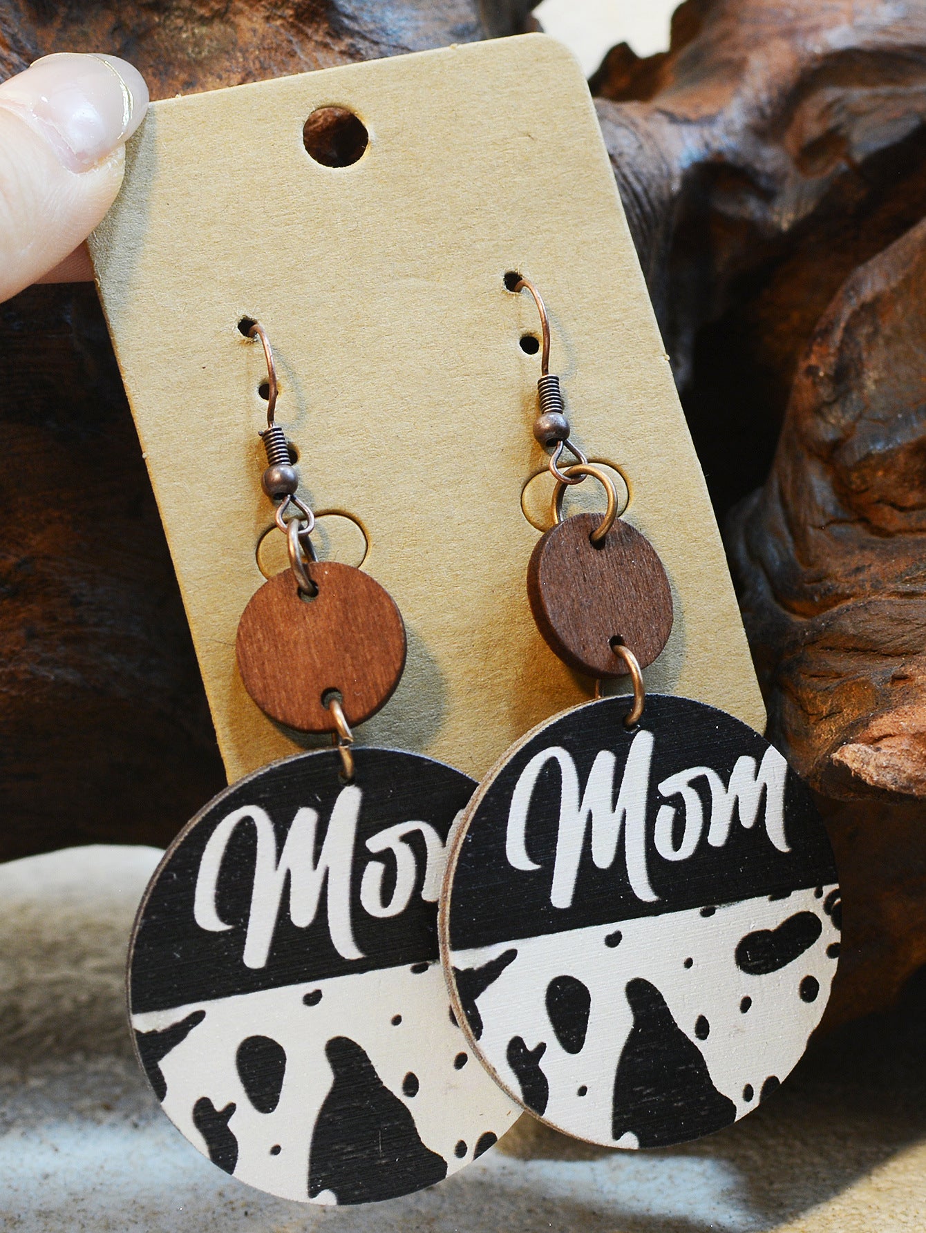 Wholesale Vintage Leopard Print Wood Chip MAMA Round Earrings