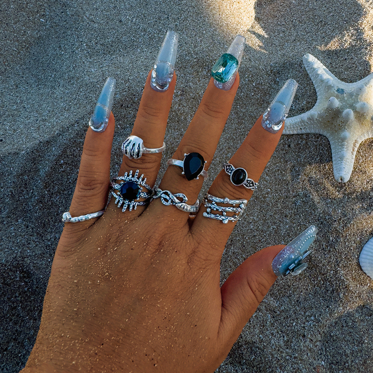 Wholesale Dark punk eye diamond ring seven-piece set