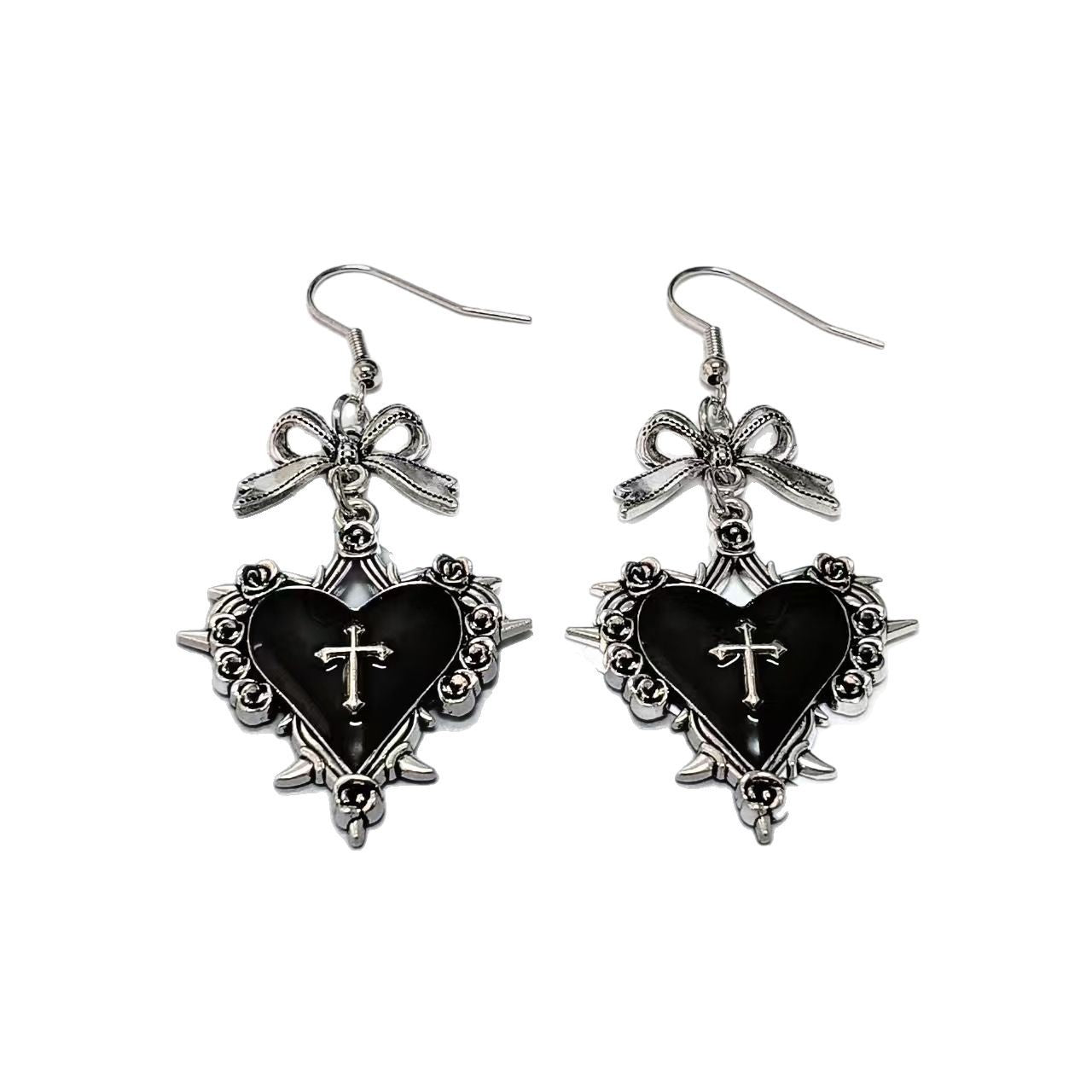 Wholesale Dark Blood-Colored Heart-Shaped Rose Bow Gothic Earrings