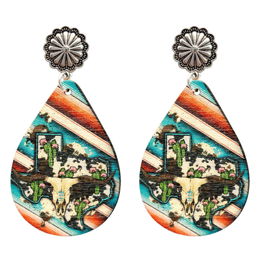 Wholesale Western Style Cow Pattern Sunflower Texas Map Leather Drop Earrings