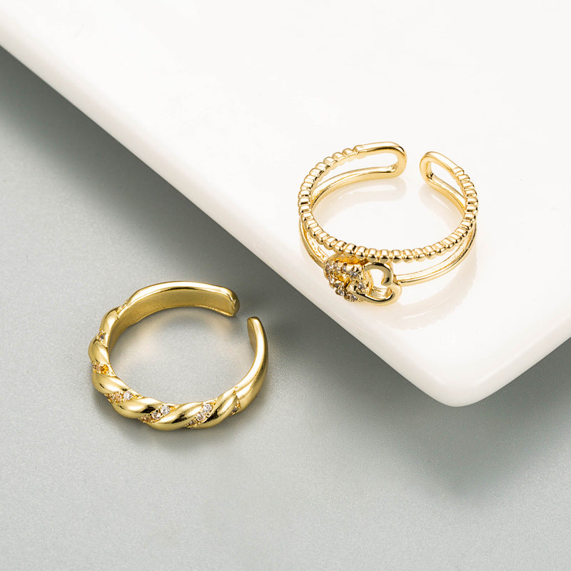 Wholesale new double-layer heart-shaped open copper micro inlaid zircon ring fashion color retaining electroplated 18K gold ring