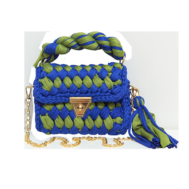 Wholesale Handmade Polyester Woven Handbags with Colored Chain Strips and Diagonal Cross Shaped Handbags