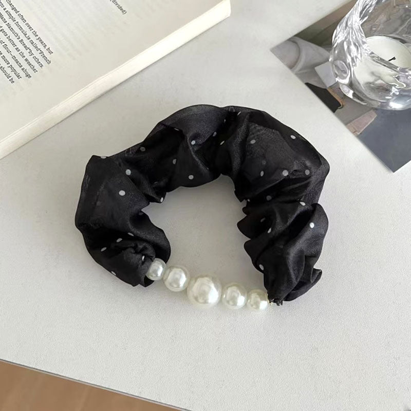 Wholesale  Satin Tulle Polka Dot Pleated  Pearl  Hair Scrunchie