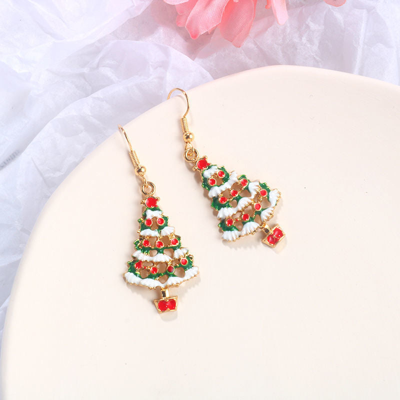 Wholesale Christmas Colorful Cartoon Cute Oil Dropping Christmas Tree Earrings Necklace Set