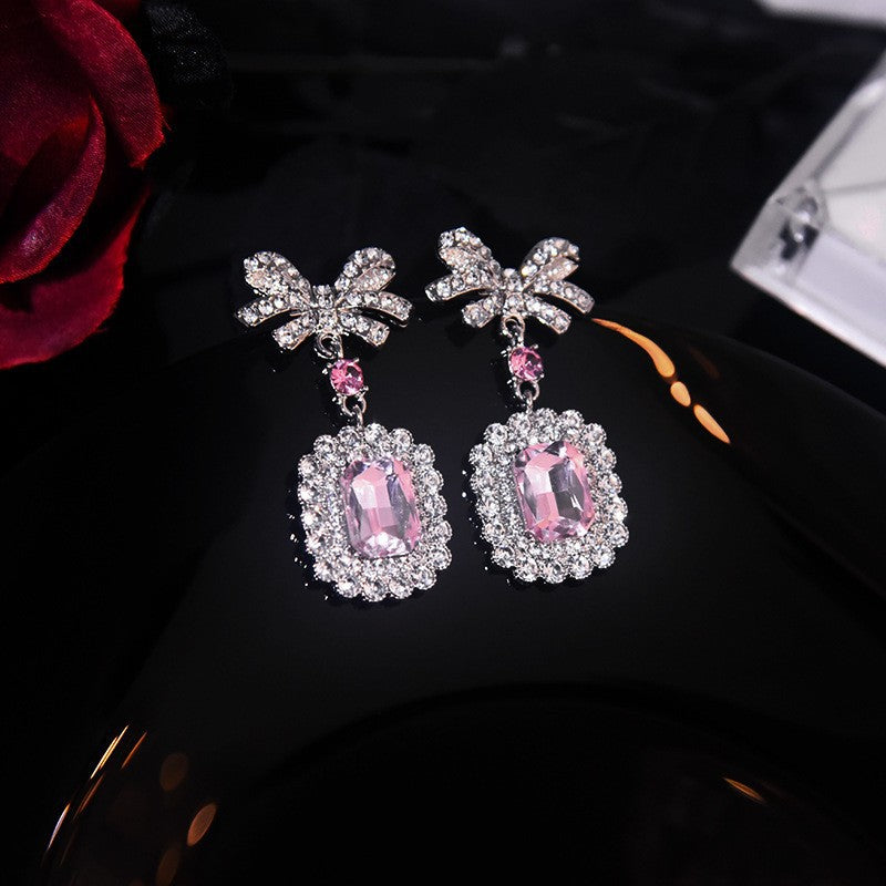 Wholesale Colorful diamond studded silver needle bow Blingbling Earrings