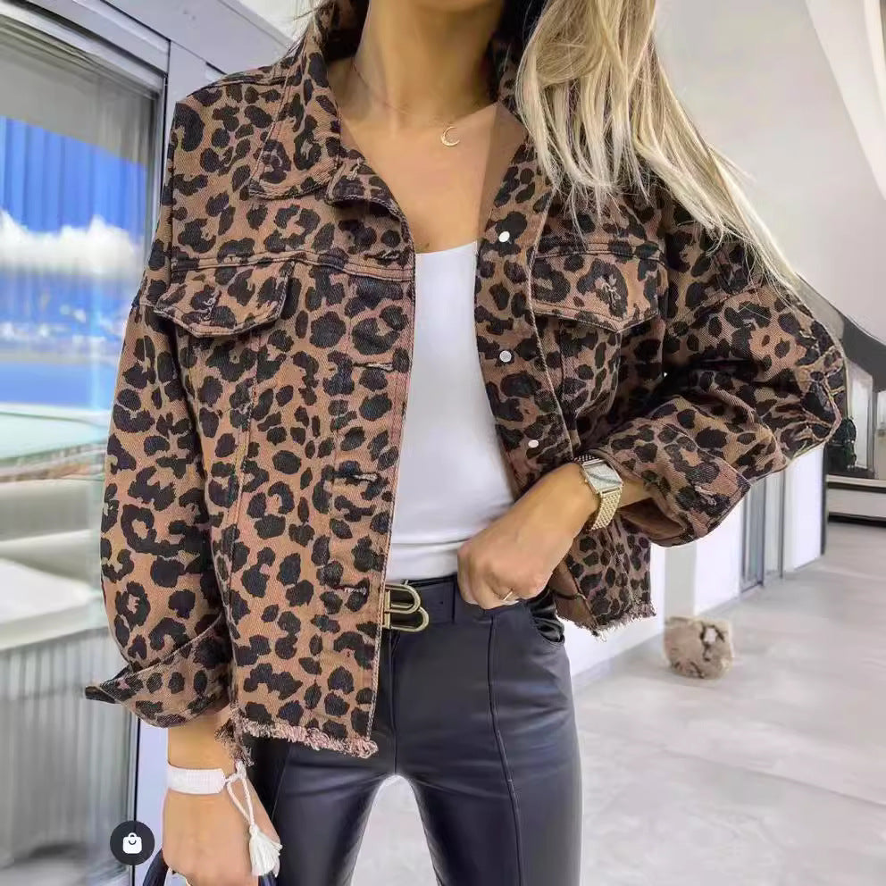 Wholesale Leopard Print Long Sleeve Short Loose Casual Denim Jacket