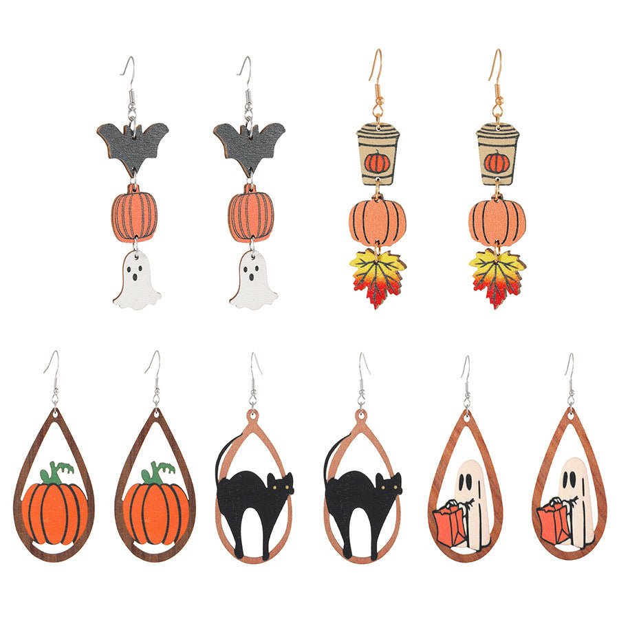 Wholesale Wooden  Earrings Pumpkin Maple Leaf Ghost Cat Hollow Drop Design Electroplated Chic Fashion Jewelry Accessory For Women