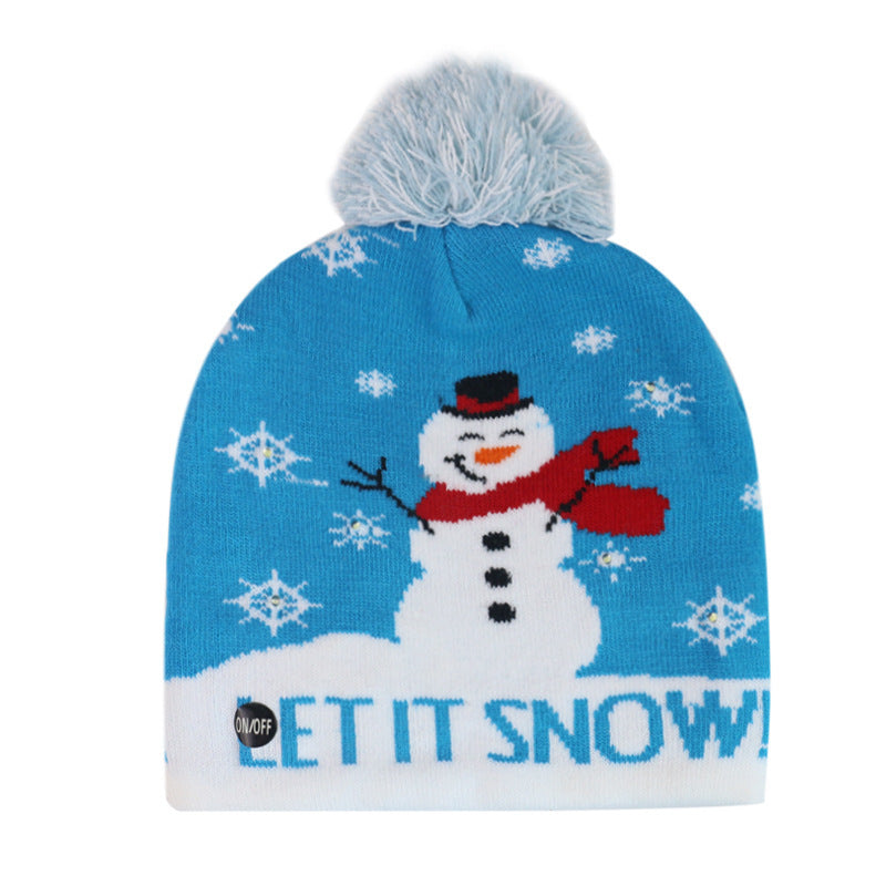 Wholesale Christmas Snowman Elk Christmas Tree Hair Ball Knitted Hat LED Colorful Dazzling Light Woolen Hat