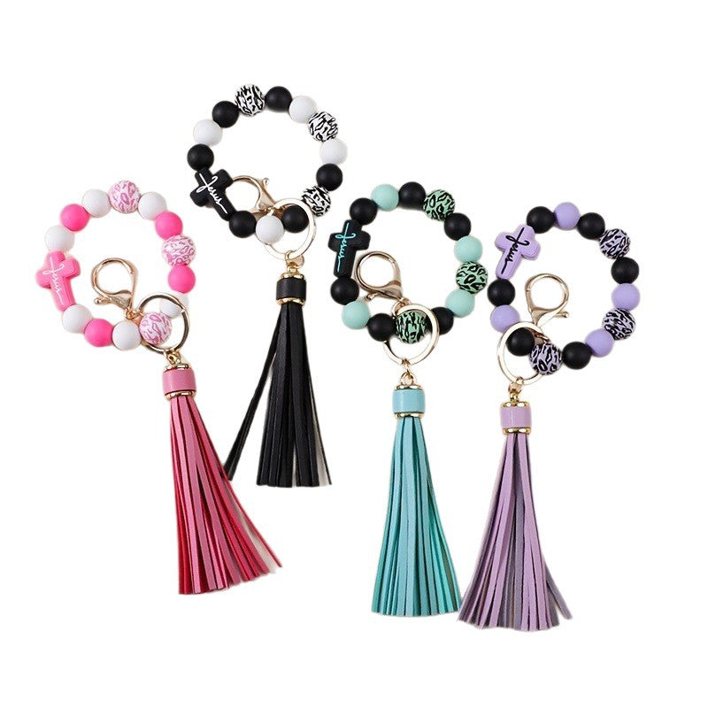 Wholesale 5pcs Colorful Leopard Print Silicone Letter Cross Cow Head Wristlet Keychain