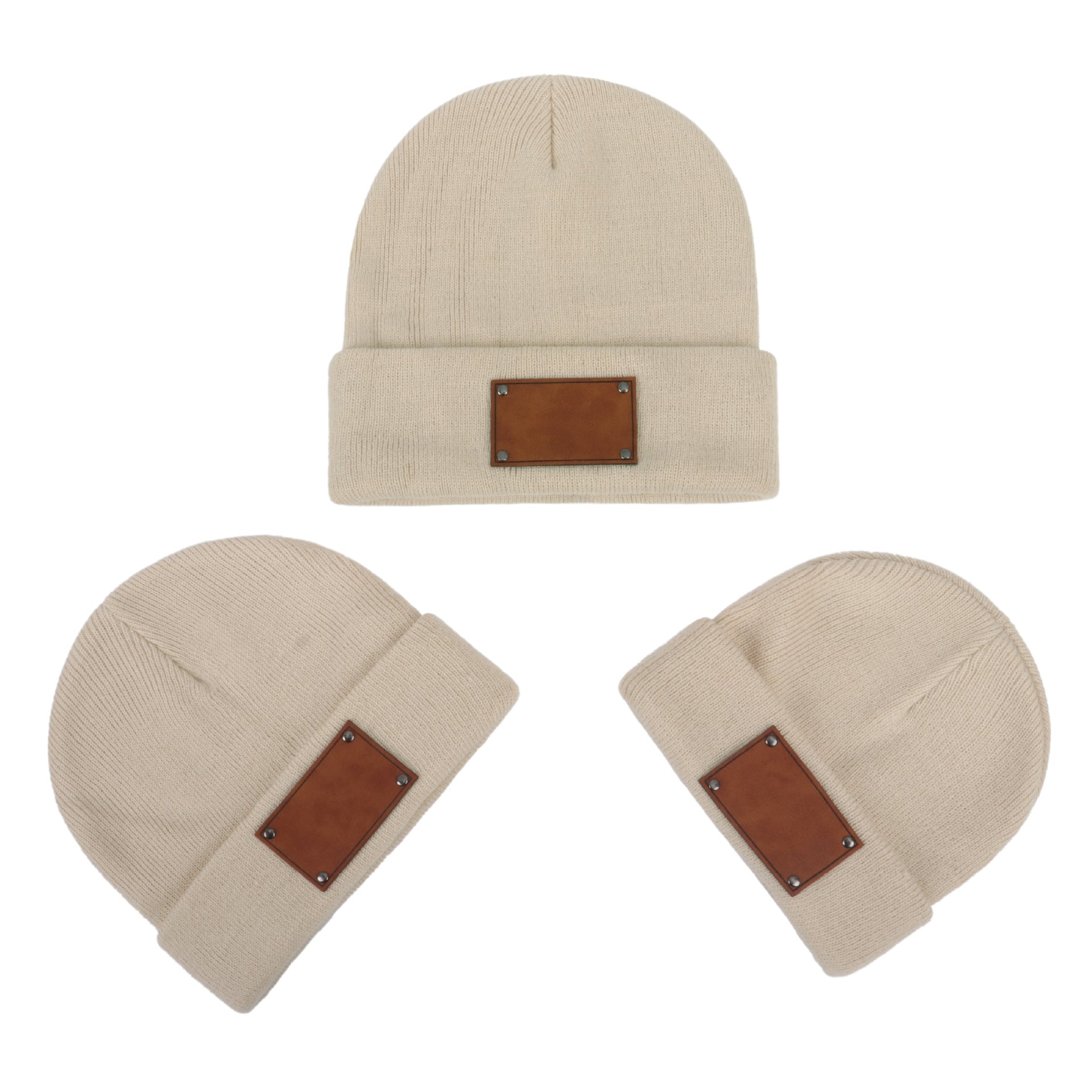 Wholesale Fashion Retro Infant and Toddler Children Blank Engravable Leather Label Knitted Warm Pullover Beanie