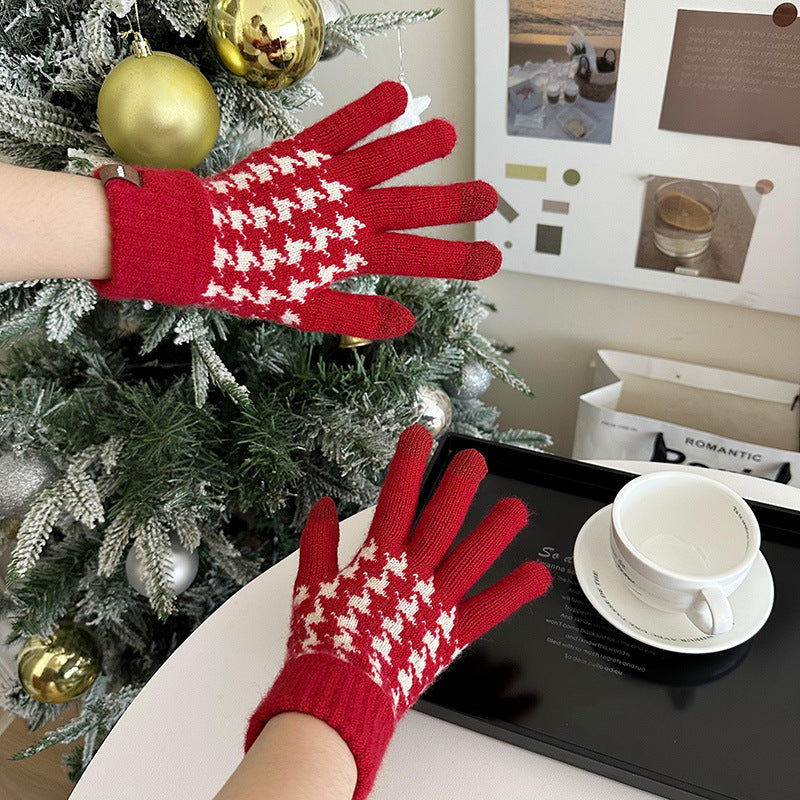 Wholesale Christmas Red Wool Knitted Warm Touch Screen Split Finger Gloves