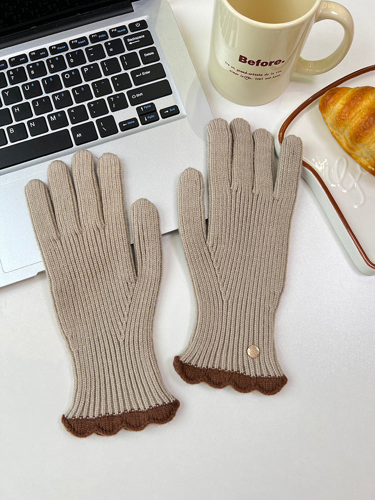 Wholesale Winter Warm Knitted Five-finger Touch Screen Lace Contrasting Color Woolen Gloves